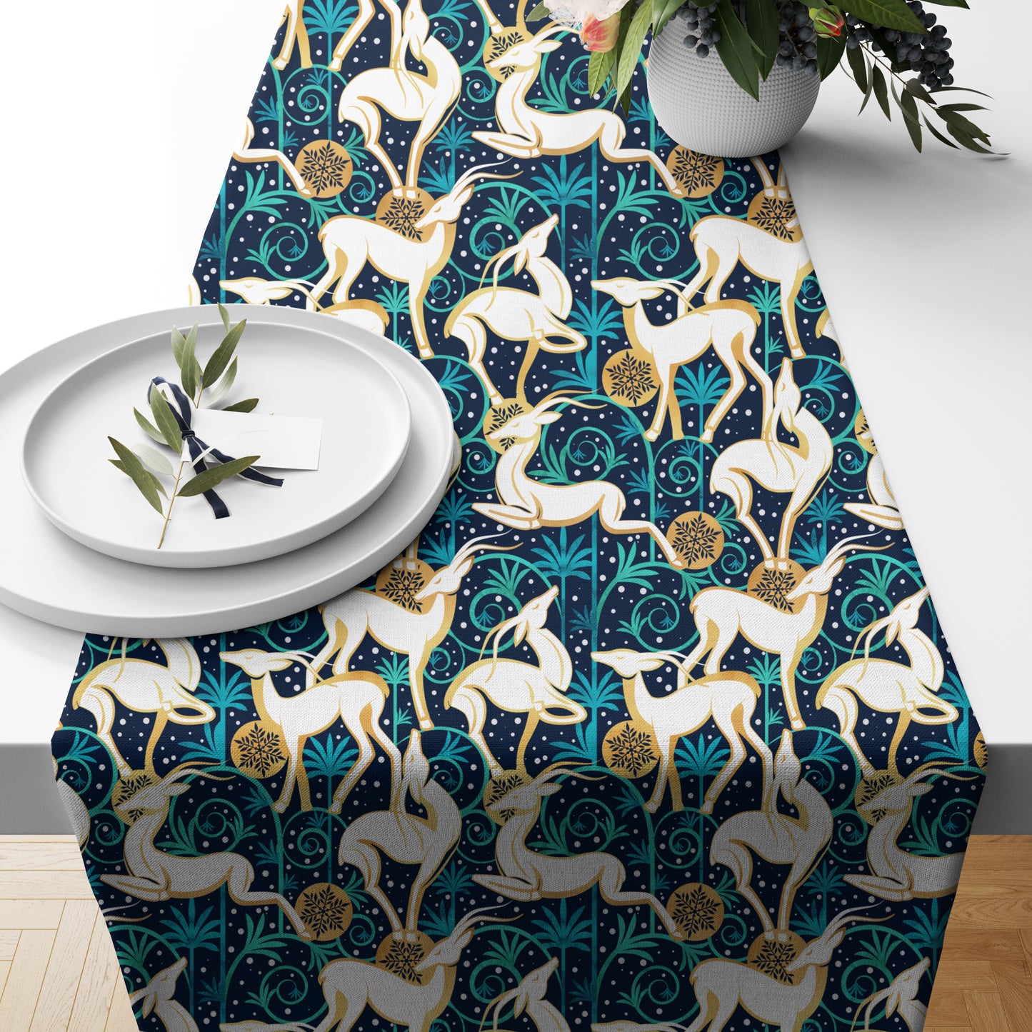 Deco Gazelles Garden Christmas Navy Table Runner