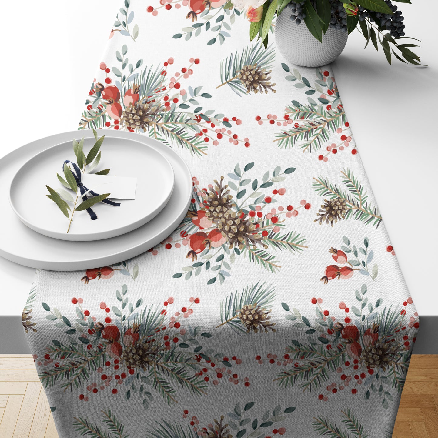 Winter Bouquets with Cones and Red Berries Table Runner
