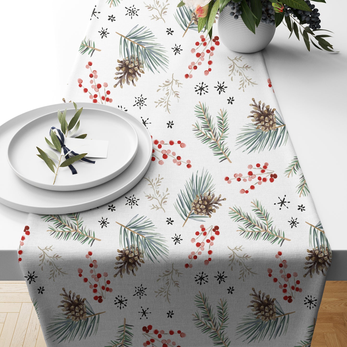 Winter Pine and Red Berries Table Runner