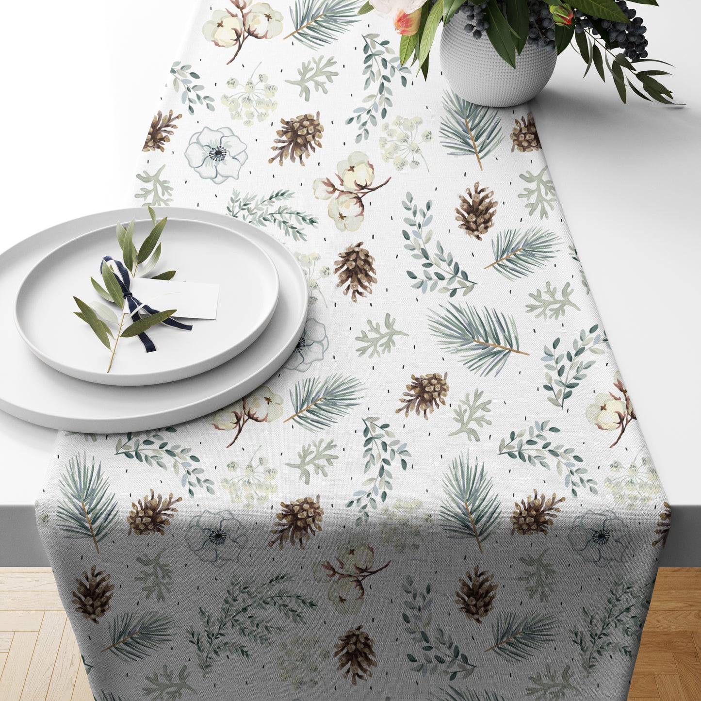 Winter Twigs with Cones and Flowers Table Runner
