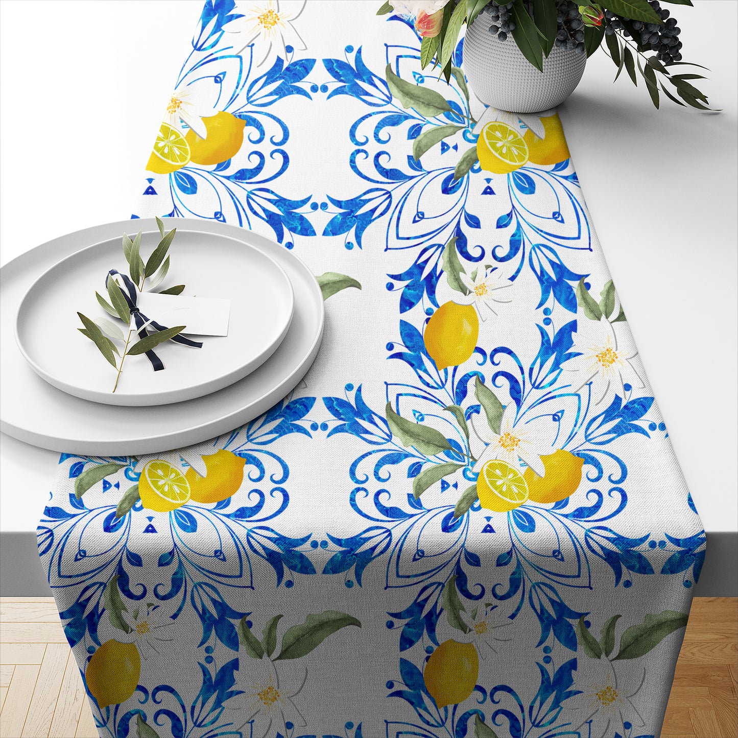 Citrus Floral Mediterranean Style lemon Fruit Table Runner