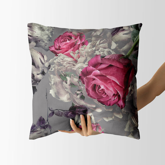 Grey & Pink Rose  - Square Cushion