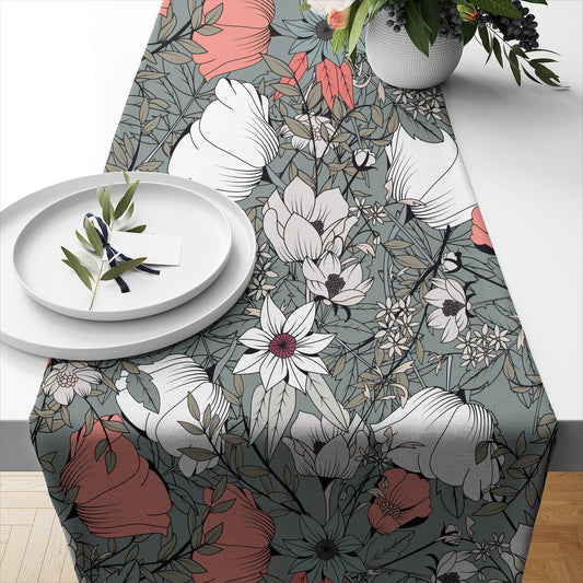 Hand drawn Dark Flowers- Table Runner