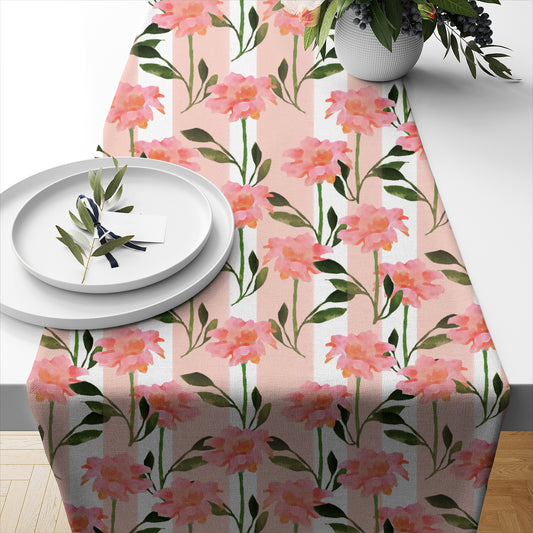 Watercolor Peachy Floral Pattern with Stripes- Table Runner