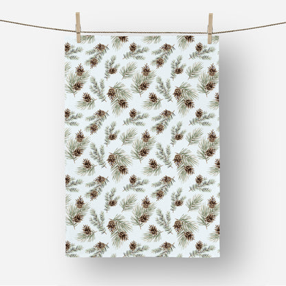 Winter Pine and Fir Twigs with Cones Tea Towel
