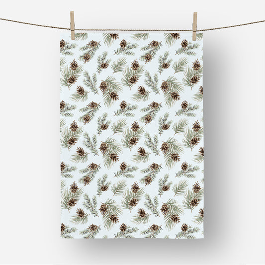 Winter Pine and Fir Twigs with Cones Tea Towel