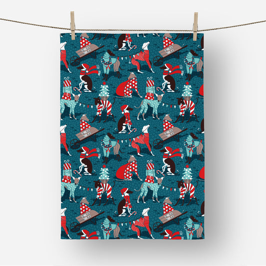 Greyhounds Christmas Dogwalk Tea Towel