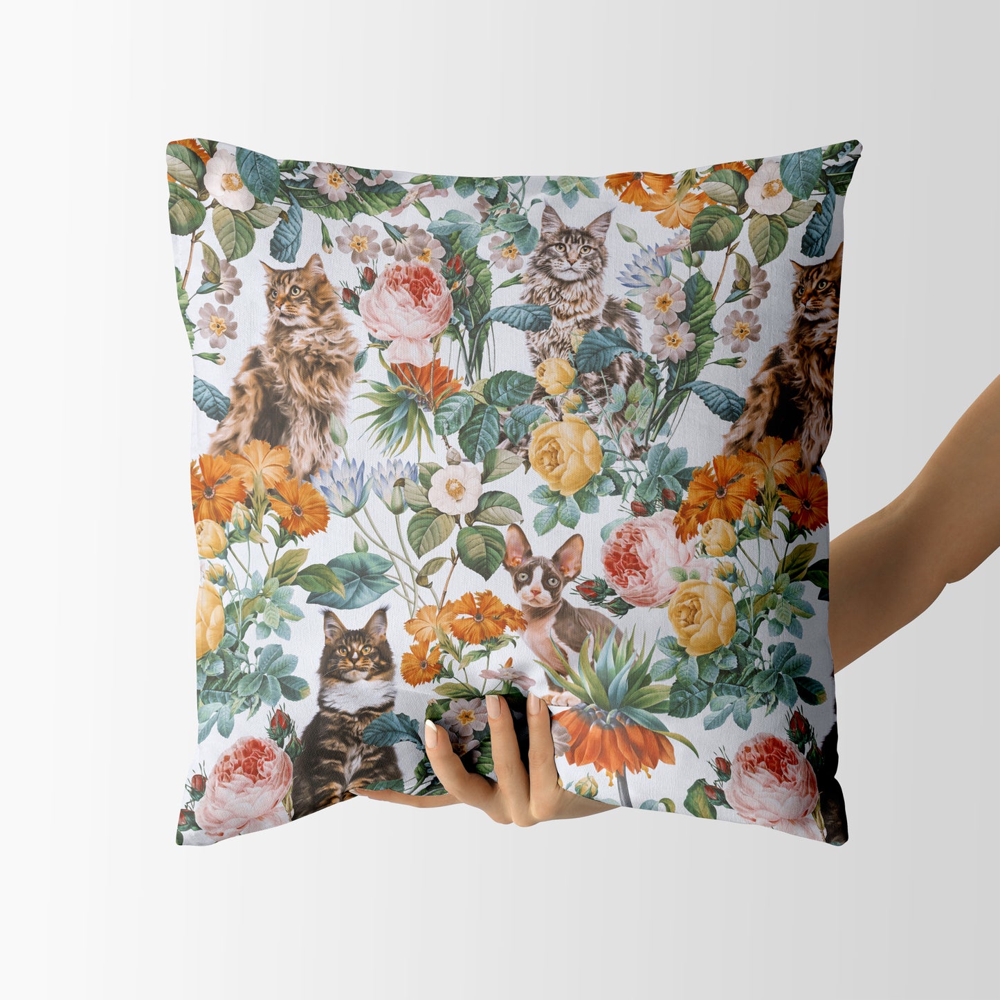 Cat and Floral Pattern III Square Cushion