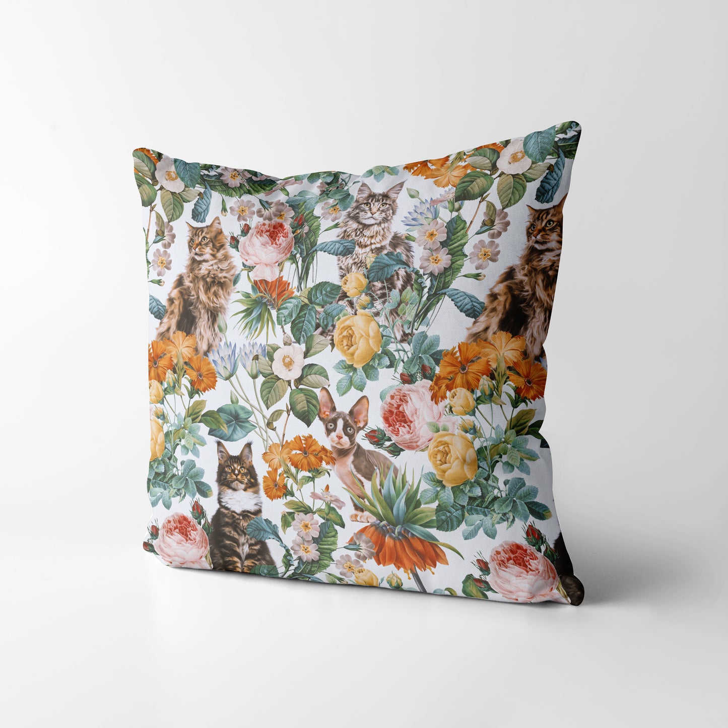 Cat and Floral Pattern III Square Cushion