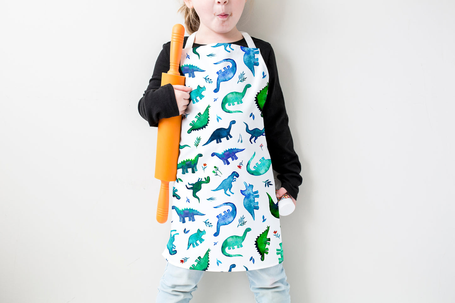 Tiny Tossed Dinos in Blue and Green Kids Apron