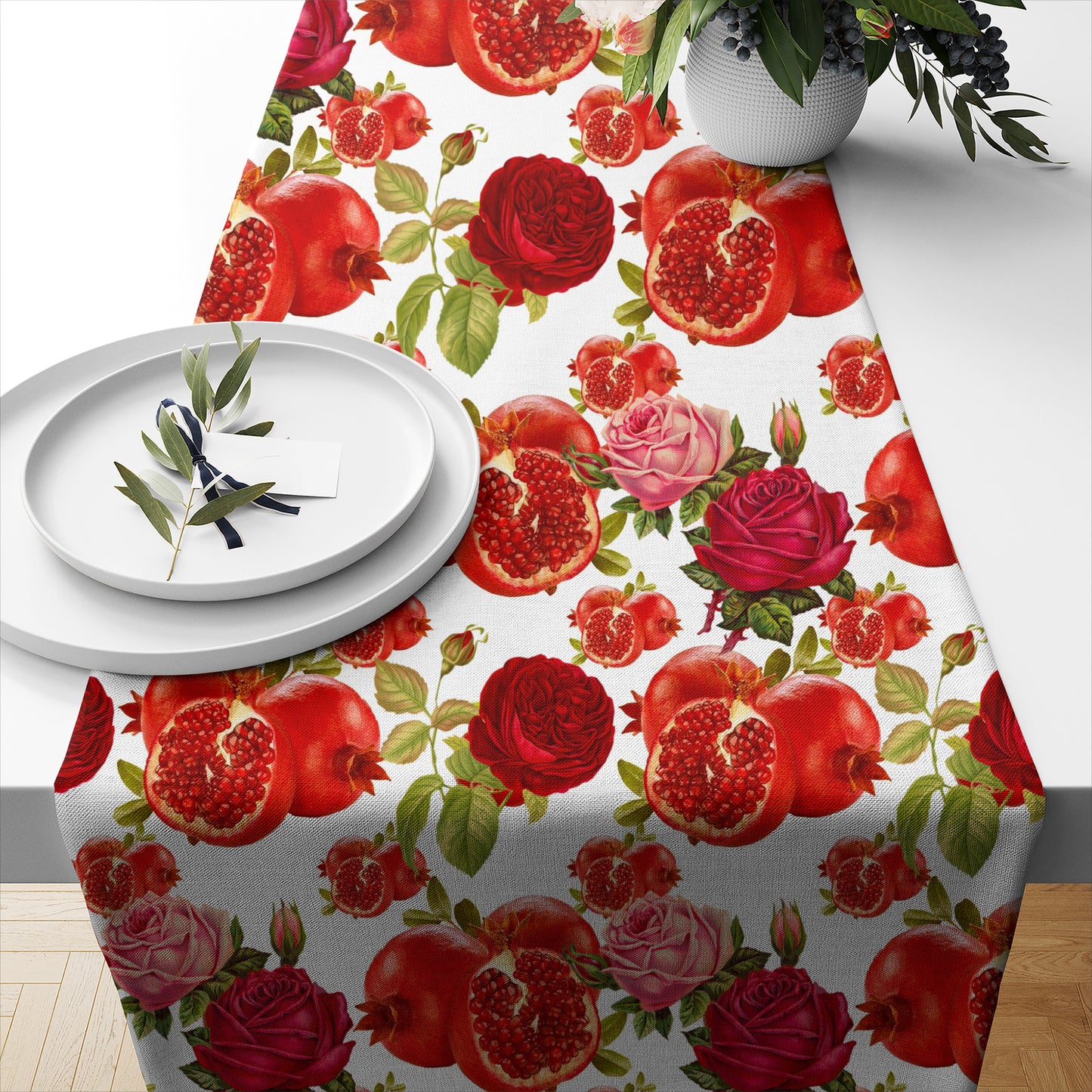 Fruits Flowers Pomegranate Roses Art Table Runner